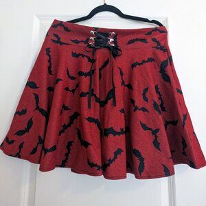 Lunoakvo Gothic Red Pleated Skirt for Women Bat Print Tied High Waist